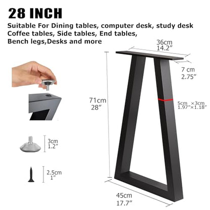 28 Inch Metal Table Legs Trapezoid, Heavy Duty Industrial Steel Desk Leg with Adjustable Feet Pads for Dining Table, Kitchen Base, Console, Black - size: 28 '' T Shape