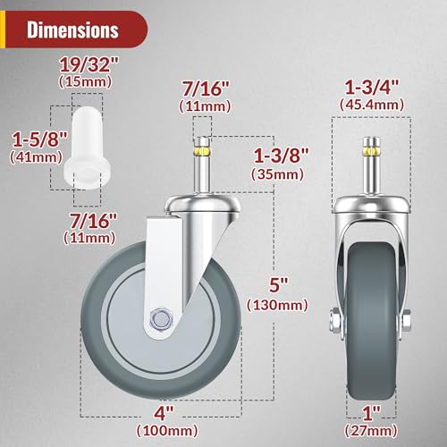 HOLKIE Stem Caster Wheels 4 inch Casters Set of 4, 7/16-Inch Stem Diameter Swivel Castors Heavy Duty TPR Rubber Replacement Castor for Cart, Stool, Mop Bucket, Grill, Shop Vac - style: 4 inch-205LBS( No Brake)