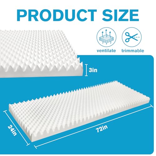 72 * 24 * 3 Inch Egg Crate Foam Padding Pressure-Relieving High-Density Upholstery Foam for Air Circulation Cuttable Cushion Pad for Sofa Chair Hospital - size: 72×24×3 IN