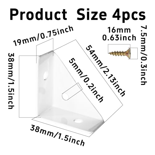 4Pcs 38mm x 38mm Triangle Corner Brackets with Screws, Metal Angle Shelf Braces for Desk, Bed, Table, Cabinets, and Shelves(White) - size: White