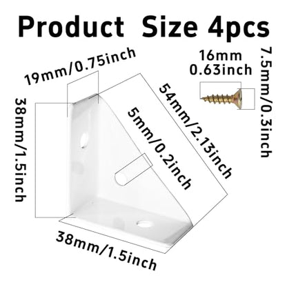 4Pcs 38mm x 38mm Triangle Corner Brackets with Screws, Metal Angle Shelf Braces for Desk, Bed, Table, Cabinets, and Shelves(White) - size: White