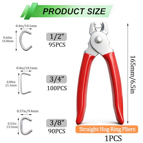 285 pcs Hog Rings with Straight Hog Ring Pliers Kit 3/4" 1/2" 3/8 "Galvanized Hog Rings for Animal Pet Cages、Ropes、Bagging、DIY Craft、Furniture (Pack of 2) - color: Red, size: 285PCS-Straight (Pack of 2)