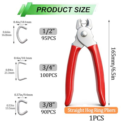 285 pcs Hog Rings with Straight Hog Ring Pliers Kit 3/4" 1/2" 3/8 "Galvanized Hog Rings for Animal Pet Cages、Ropes、Bagging、DIY Craft、Furniture (Pack of 2) - color: Red, size: 285PCS-Straight (Pack of 2)