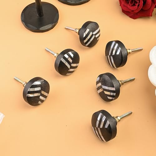 Perilla Home Set of 6 Renaksh Wooden Knob, Wood and MOP (Mother of Pearl) Decorative Cabinet Hardware, Room, Kitchen, Cupboard, Door, Dresser, Wardrobe, and Drawer Pulls (Black & White) - style: Black & white.