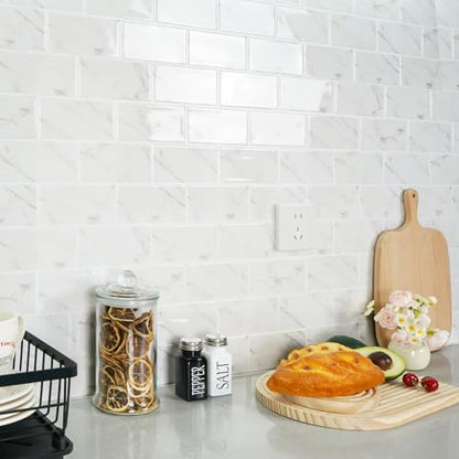 STICKGOO 10-Sheet Subway Tile Peel and Stick Backsplash, Self Adhesive Vinyl Wall Tiles, Stick on Backsplash for Kitchen and Bathroom(Thicker Design) - color: Carrara Marble