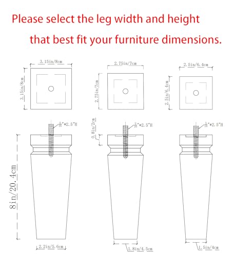 Wood Legs for Furniture 8 inch Heavy Duty Sofa Legs Square Brown Bed Legs Pack of 4, Sofa Replacement Parts, Dresser Leg, Cabinet Feet, Futon, Ottoman, Couch Legs, Couch Riser - color: Brown, size: 8"H*3.15"W