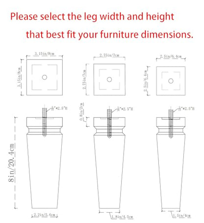 Wood Legs for Furniture 8 inch Heavy Duty Sofa Legs Square Brown Bed Legs Pack of 4, Sofa Replacement Parts, Dresser Leg, Cabinet Feet, Futon, Ottoman, Couch Legs, Couch Riser - color: Brown, size: 8"H*3.15"W