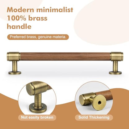 SALISENG-5 Pack Walnut Wood and Antique Brass Kitchen Cabinet Pulls,6.3 Inch Brass Dresser Drawer Handles, Modern Furniture Pulls for Cupboard Wardrobe Closet Cabinet Hardware - size: 6-3/10 Inch Hole Center