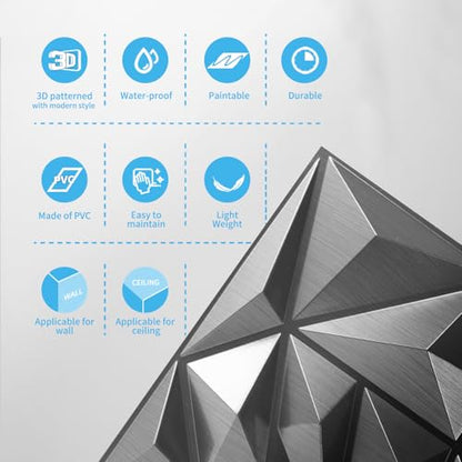 Art3d 33-Pack Modern Diamond Textured 3D Wall Panels, 12 x 12 in, Silver - color: ‎Silver, size: 12x12 Inch 33 pcs