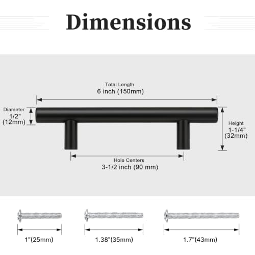 Gobrico 10 Pack 3-1/2" (90mm) Hole Center Cabinet Handles, Black Cabinet Pulls, Matte Black Stainless Steel Drawer Pulls, 6" Overall Length - color: Black, size: 3-1/2 Inch Hole Center