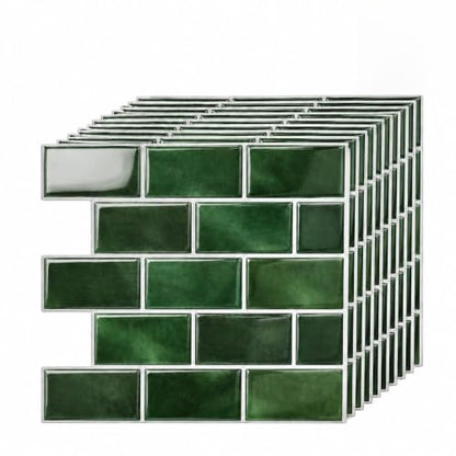 Zimtty Green Peel and Stick Backsplash Tile, 10 Sheets 12 x 12 Inch Self Adhesive 3D Wall Panels, Thick Subway Tile Stick on Wall Panels for Kitchen, Bathroom, RV, Fireplace - color: Green