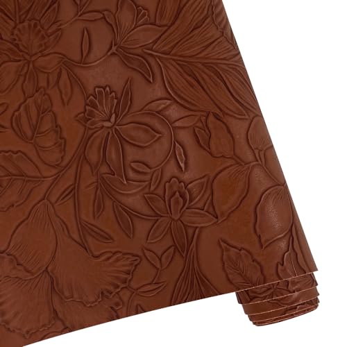 ONEART | Flower Embossed Textured Faux Leather, 12"×54" Floral Embossed Synthethic Pleather for Bows Earrings Sewing Projects-Brown - color: Brown