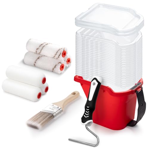 Mister Rui 4 Inch Paint Roller Kit, Hand Held Paint Bucket Kit with 24 Liners, 4" Roller Frame & Covers, 2" Brush, for DIY Home Painting Projects