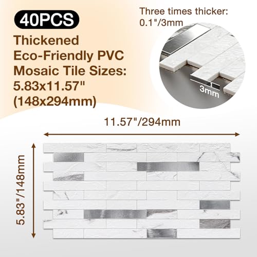 Peel and Stick Backsplash Tile Waterproof Removable PVC Wall Sticker 3D Faux Stone Marble Brick White Accent Panels (Rough White Marble - Metal Silver, 40 Tiles - 18 sq. ft. (1.68 m²)) - color: Rough White Marble - Metal Silver, size: 40 Tiles - 18 sq. ft