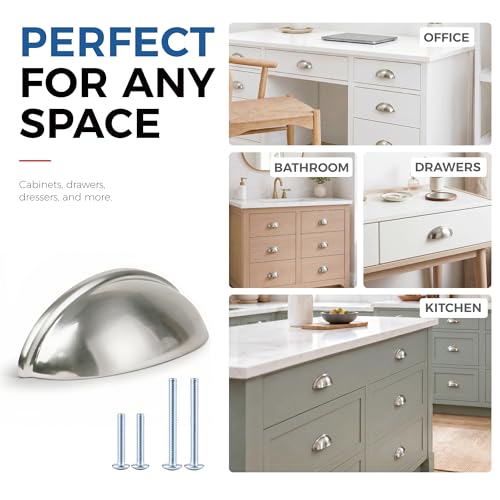 HOMOTEK 10 Pack 3 Inch Hole Centers Shiny Bright Brushed Satin Nickel Drawer Bin Cup Pulls Dresser Pulls for Cabinets,Furniture Handles,Kitchen Cabinet Hardware - color: Bright Brushed Nickel, size: 10 Pack
