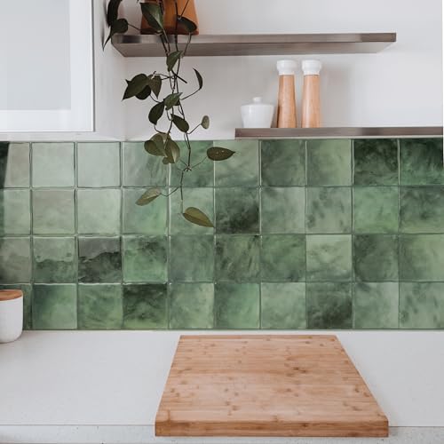 Smart Tiles Peel and stick backsplash, Zellige Moss Green, 9"x9" - color: Moss Green
