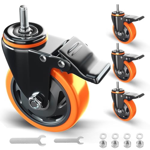 4" Stem Caster Set of 4 Heavy Duty 3/8" Threaded Mount Casters Wheels - color: Orange, size: 4in(3/8"-16)