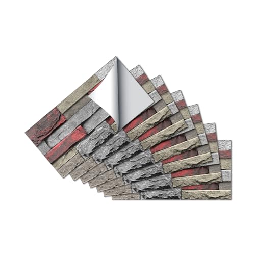 Alwayspon 24Pcs 12x6inch Peel&Stick Wall Sticker Vinly Wallpaper, Waterproof Backsplash for Kitchen Bathroom, Self-Adhesive Tile Transfers Decal Stick on Tiles with Red Stone Brick Effect - color: Fg-l13, size: 24 Pcs