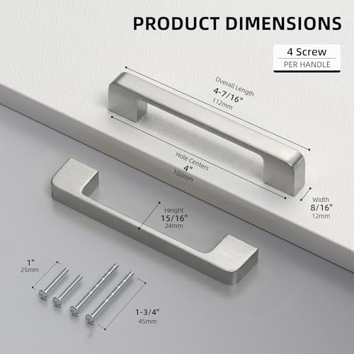 Brushed Nickel Cabinet Pulls 4 Inch Nickel Cabinet Handles 10 Pack - color: Brushed Nickel, size: 4 Inch (102 mm) Hole Centers