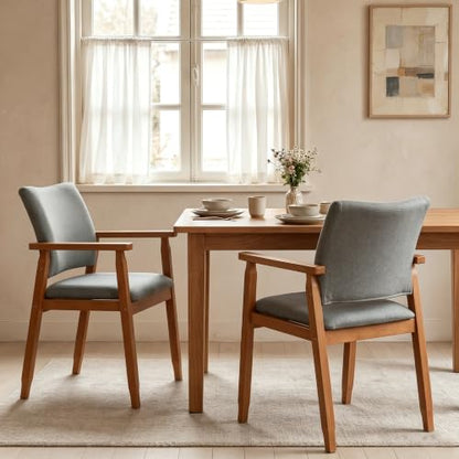 GOTMINSI Linen Fabric Dining Chair with Arms, Solid Wood Frame, 320 lbs Load Capacity, Mid-Century Modern Upholstered Side Chair for Kitchen, Dining Room, Living Room (Grey, 5pcs) - color: Grey, size: 5pcs