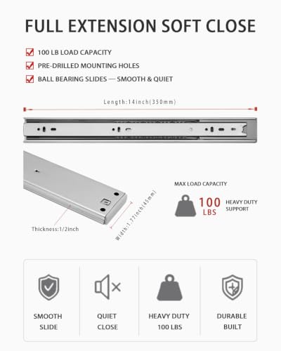 Soft Close Drawer Slides 14 Inch Side Mount Glides 10 Pair, 3-Fold Full Extension Ball Bearing Cabinet Drawer Rails, Heavy Duty Track for Office Desk Drawer Bedroom Nightstand Drawer - size: 14 Inch Drawer Slide