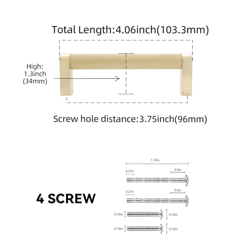 10 Pack 3-3/4 Inch(96mm) Brushed Gold Kitchen Cabinet Handles Knurled Cabinet Pulls Gold Drawer Pulls Cabinet Hardware - color: Brushed Gold, size: 3.75'' Hole Center(96mm)