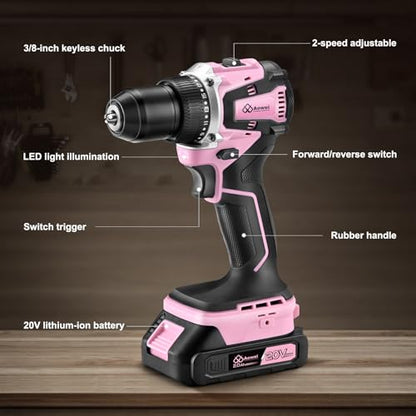 20V Brushless Cordless Drill Set (2-Piece) - Compact Power Drill Driver with 2.0Ah Battery, Power Drill Set with Battery and Charger & 3/8" Keyless Chuck,Pink - color: Pink 2-piece Set