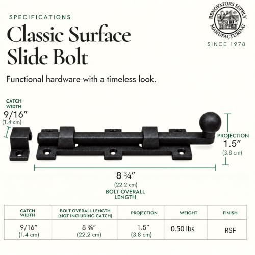 Renovators Supply Manufacturing Slide Bolt Latch 8 3/4 in. Black Wrought Iron Ball Tip Style Slide Bolt with Mounting Hardware - size: Pack of 1, style: 8.75 inch
