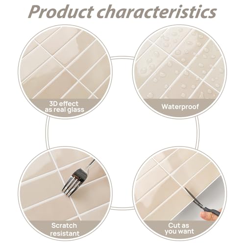 Alwayspon 10 Sheets 12" x12'' Light Beige 3D Vinyl Backsplash Tiles, Self-Adhesive Peel and Stick Wall Tile Stickers Stick on Subway Tiles for Kitchen Bathroom Wall - color: Light Beige