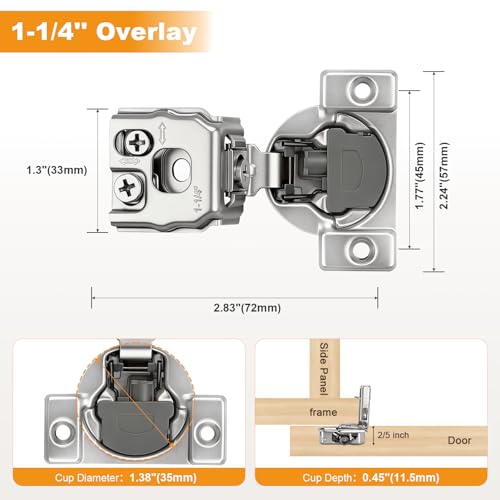 Probrico 4 Pack 2 Pair 1-1/4 inch Overlay Soft Close Cabinet Hinges Hidden Door Hinge for Kitchen Cabinet Hinges Concealed Self Closing Face Frame for Cupboard, Wardrobe, 105 Degree Opening Angel - size: 1-1/4 Inch