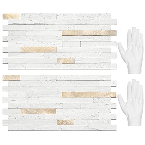 STICKGOO 20 Sheets Peel and Stick Backsplash Tile, Stick on Backsplash for Kitchen and Bathroom, White Sandstone Look PVC Mixed Metal Gold Self Adhesive Wall Tiles - color: White Sandstone + Metal Gold