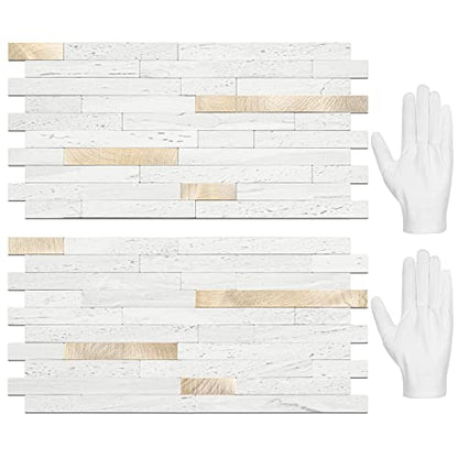 STICKGOO 20 Sheets Peel and Stick Backsplash Tile, Stick on Backsplash for Kitchen and Bathroom, White Sandstone Look PVC Mixed Metal Gold Self Adhesive Wall Tiles - color: White Sandstone + Metal Gold