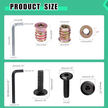 Twidec/30 Sets 1/4-20x15mm Threaded Inserts for Wood Furniture Screw Nut Kit Bolt Fastener Connector with 1/4-20x20mm Screw-in Nuts and Hex Wrench N-083-30set - size: 1/4-20x 15mm