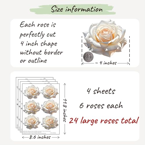 Watercolor Roses Wall Decals, 24 Large Easy Peel & Stick Roses Stickers, Premium Removable and Repositionable Floral Wall Art Fabric Stickers (White) - color: White