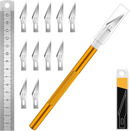 DIYSELF Exacto Craft Knife Set with 10 Extra #11 Blades, 6-Inch Metal Ruler - color: Gold-10pcs