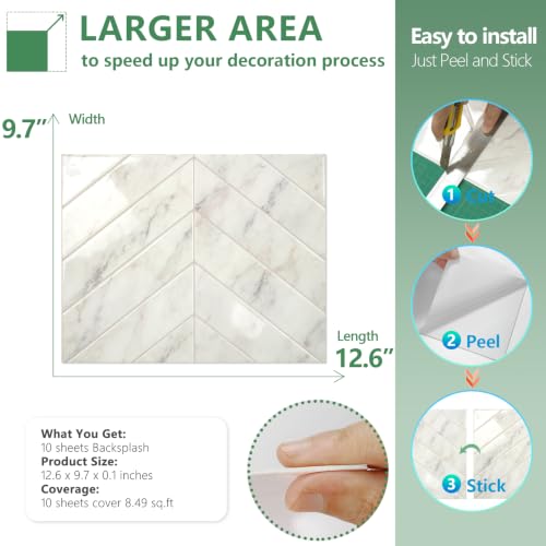 STICKGOO Herringbone Peel and Stick Backsplash, Statuario Marble, 10 Sheets - color: Statuario White Marble, size: Pack of 10