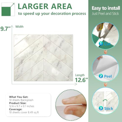 STICKGOO Herringbone Peel and Stick Backsplash, Statuario Marble, 10 Sheets - color: Statuario White Marble, size: Pack of 10
