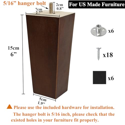 6 inch Furniture Legs Set of 6 Couch Legs Mid-Century Modern Replacement Sofa Legs for Sectional, Dresser, Recliner, Nightstand - size: 6 inch (6pcs) Standard (With hanger bolt)
