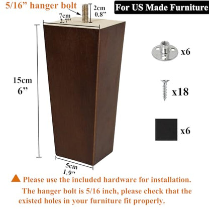 6 inch Furniture Legs Set of 6 Couch Legs Mid-Century Modern Replacement Sofa Legs for Sectional, Dresser, Recliner, Nightstand - size: 6 inch (6pcs) Standard (With hanger bolt)