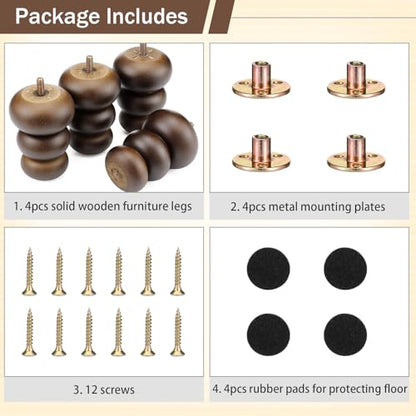 4 Pack Wood Bun Feet 4 Inch, Walnut Dresser Legs for Sofa Cabinet - color: Walnut, size: 4 Inch