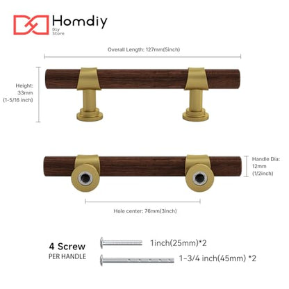 homdiy 10 Pack 3 Inch Hole Center Wood Cabinet Pulls Gold Cabinet Handles - color: Walnut Wood Grain& Matte Gold, size: 3 in Hole Centers