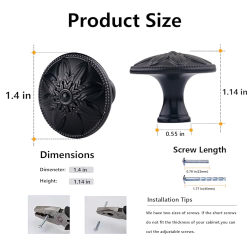 4 Pack - Black Cabinet Knobs Round, 1-2/5” Knobs for Cabinets and Drawers Black Matte Drawer Pulls Bathroom Cabinet Handles - color: Black