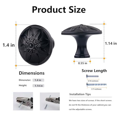 4 Pack - Black Cabinet Knobs Round, 1-2/5” Knobs for Cabinets and Drawers Black Matte Drawer Pulls Bathroom Cabinet Handles - color: Black