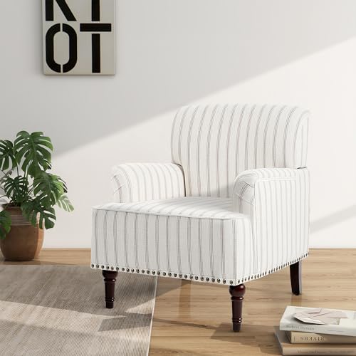 Mid-Century Modern Accent Chair, Pinstripe Light Brown, Set of 2 - color: Fabric Pinstripe Light Brown