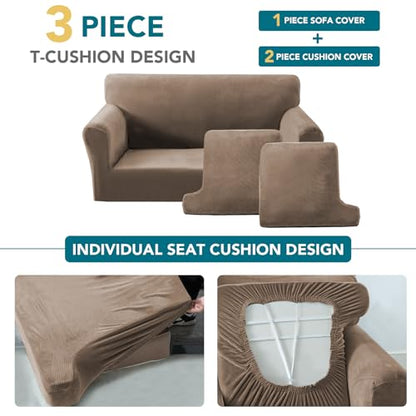 Turquoize Sofa Cover 3 Piece T Cushion Loveseat Covers for 2 Cushion Couch Thick Velvet Couch Cover Stretch Furniture Covers with 2 Individual T Cushion Covers, Washable (2 Cushion Loveseat, Mocha) - color: Mocha, size: Loveseat (2 Cushion)