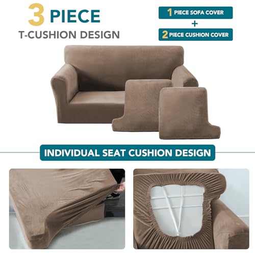 Turquoize T Cushion Sofa Slipcover 3 Piece Sofa Covers for 2 Large Cushion Couch Thick Velvet Couch Cover Stretch Furniture Covers with 2 Individual T Cushion Covers, Washable (2 Cushion Sofa, Mocha) - color: Mocha, size: Sofa (2 Cushion)