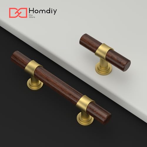 homdiy 10 Pack 3 Inch Hole Center Wood Cabinet Pulls Gold Cabinet Handles - color: Walnut Wood Grain& Matte Gold, size: 3 in Hole Centers