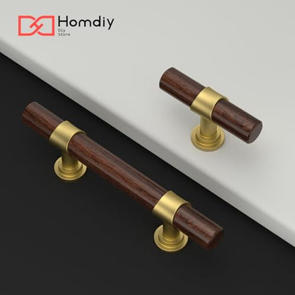 homdiy 10 Pack 3 Inch Hole Center Wood Cabinet Pulls Gold Cabinet Handles - color: Walnut Wood Grain& Matte Gold, size: 3 in Hole Centers