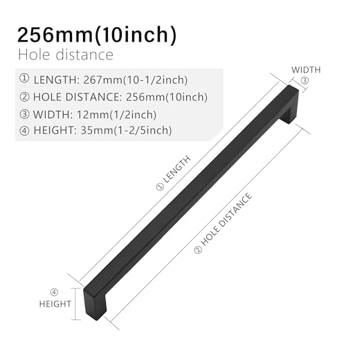 Cabinet Pulls Matte Black Cabinet Handles Square Drawer Pulls, 40 Pack 10 Inch Stainless Steel Kitchen Door Cupboard Cabinet Handles, Drawer Hardware Handles, 256mm Hole Centers - size: 10 inch Hole Centers(256mm)