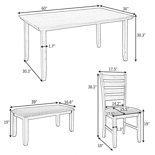 Dining Room Set with 4 Chairs and Bench, 60 Inch, Gray - color: Grey